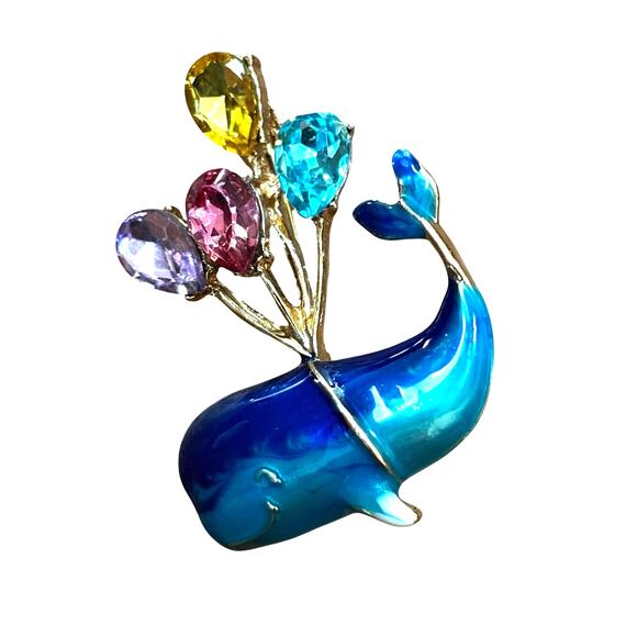 Gold & blue enamel brooch spouting smiling whale pin with colorful rhinestones - Picture 3 of 6